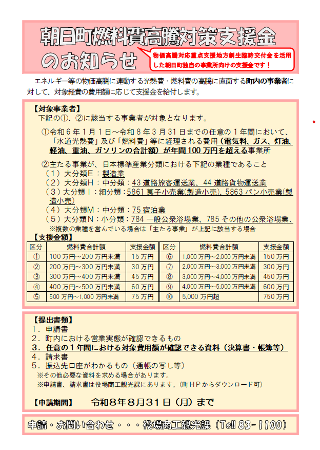 朝日町燃料費高騰対策支援金のお知らせ
