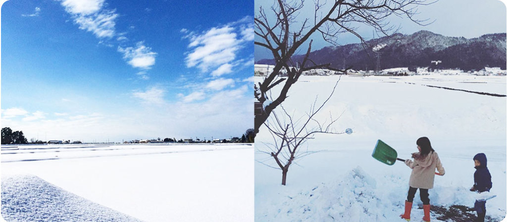 青空と雪原の画像と、2人の子どもが除雪用スコップを持っている画像